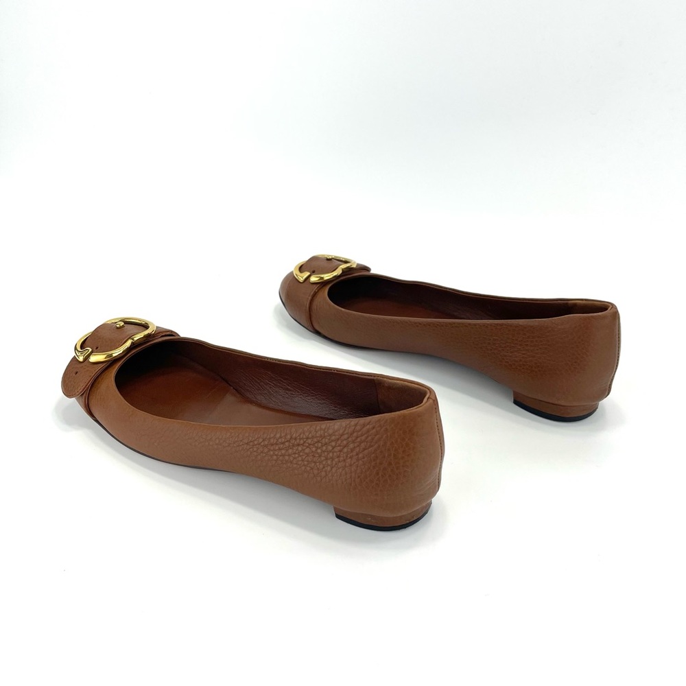 📌SOLD📌 GUCCI 100% AUTHENTIC BROWN LEATHER GOLD INTERLOCKING GG FLATS - Picture 3 of 16